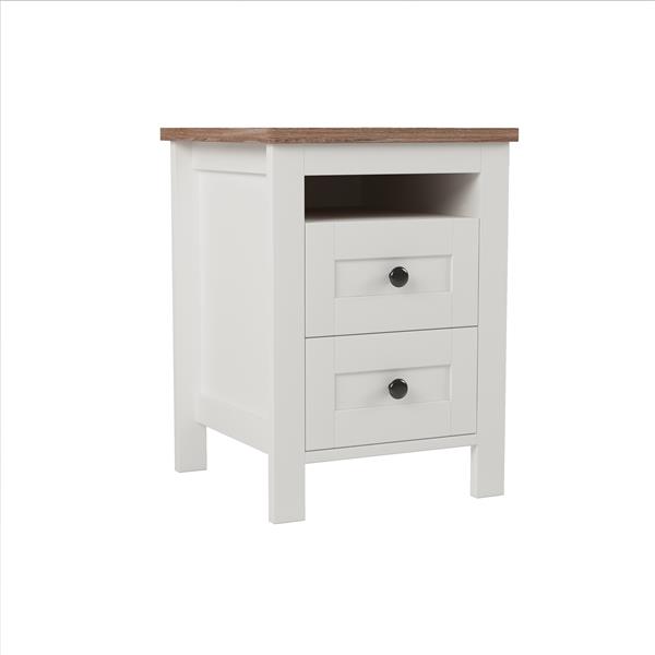 2-Drawer Farmhouse Wooden Nightstand with Well-proportioned Design and Sleek Lines, Wood Side Table with Storage Cabinet for Bedroom, White+Brown