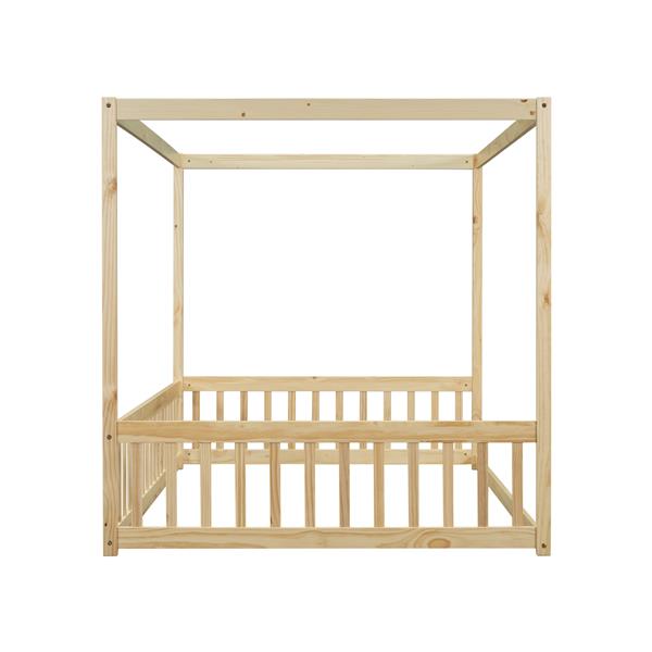 Full Size Canopy Frame Floor Bed with Fence, Guardrails,Natural