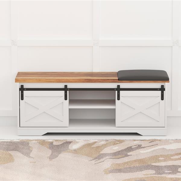 47 Inch Modern Farmhouse Sliding X Barn Door Litterbox Bench with Entry Cutout, Shoe Bench