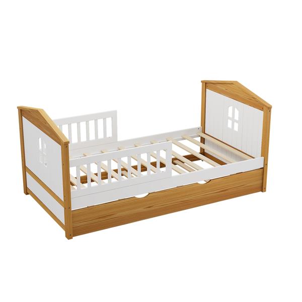 Twin Size House Shape Bed with Trundle Wooden Bed for Girls Boys Teens, No Box Spring Needed, Walnut and White