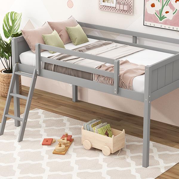 Twin Size Wood Loft Bed with Ladder, ladder can be placed on the left or right, Gray