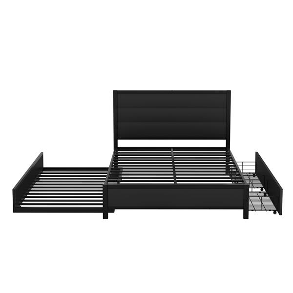 Metal Full Size Storage Platform Bed with Twin Size Trundle and 2 Drawers, Black