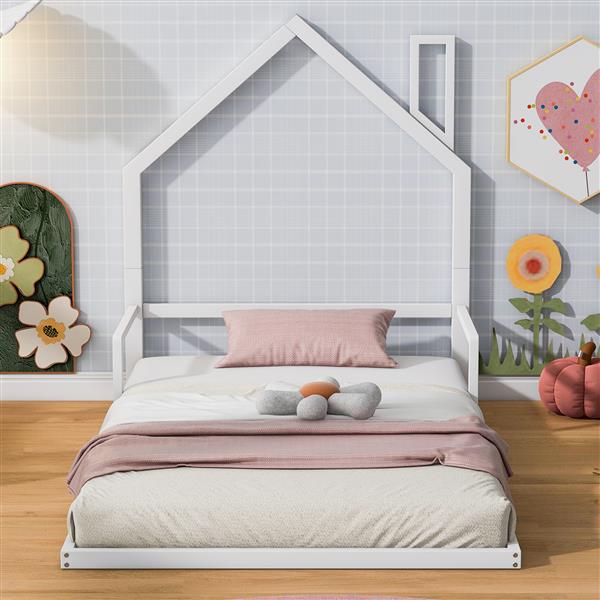 Twin Size Metal Floor Bed with House-shaped Headboard, White