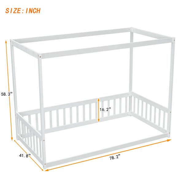 Twin Size Canopy Frame Floor Bed with Fence, Guardrails,White