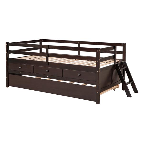 Low Loft Bed Twin Size with Full Safety Fence, Climbing ladder, Storage Drawers and Trundle Espresso Solid Wood Bed