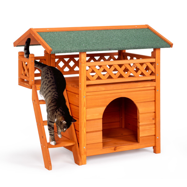 2-Story Wooden Feral Cat House Outdoor Indoor Kitty Houses with Door & Stairs & Weatherproof Roof, Orange & Green