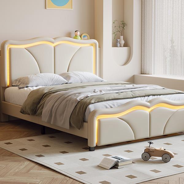 Full Size Upholstered Platform Bed with Curve Shaped and Height-adjustbale Headboard,LED Light Strips,White