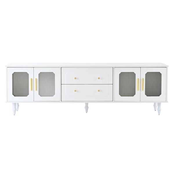 Retro Design TV Stand with Fluted Glass Doors for TVs Up to 78'', Practical Media Console with 2 Drawers and Cabinets, Elegant Entertainment Center for Living Room, White