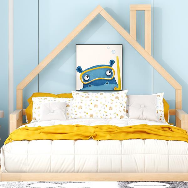 Full Size Wood Floor Bed with House-shaped Headboard, Natural