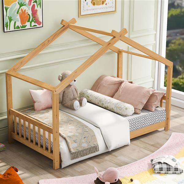 Twin Size House Platform Bed with Headboard and Footboard,Roof Design,Natural