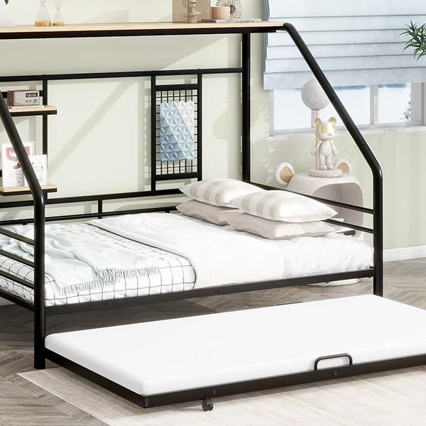 Full Size Metal House Bed with Trundle, Black