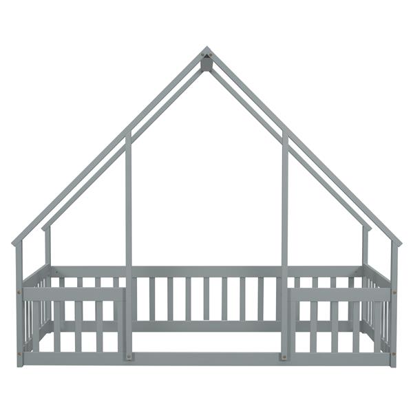 Twin Wood House-Shaped Floor Bed with Fence, Guardrails ,Grey