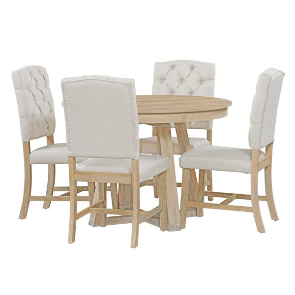 5-Piece Retro Functional Dining Set, Round Table with a 16"W Leaf and 4 Upholstered Chairs for Dining Room and Living Room (Natural)