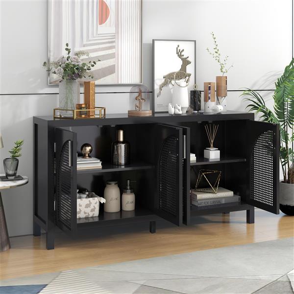 Large Storage Space Sideboard with Artificial Rattan Door and Metal Handles for Living Room and Entryway (Black)