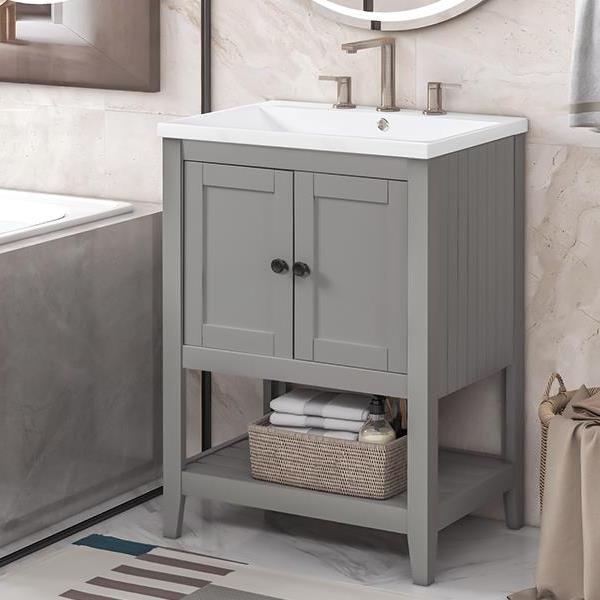 [VIDEO] 24" Grey Modern Sleek Bathroom Vanity Elegant Ceramic Sink with Solid Wood Frame Open Style Shelf