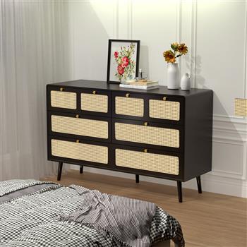 6 Drawer Dresser, Modern Rattan Dresser Chest with Wide Drawers and Metal Handles, Farmhouse Wood Storage Chest of Drawers for Bedroom, Living Room, Hallway, Entryway