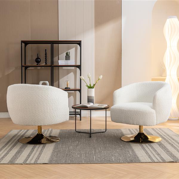 048-Chenille Fabric Swivel Chair With Gold Metal Round Base,White