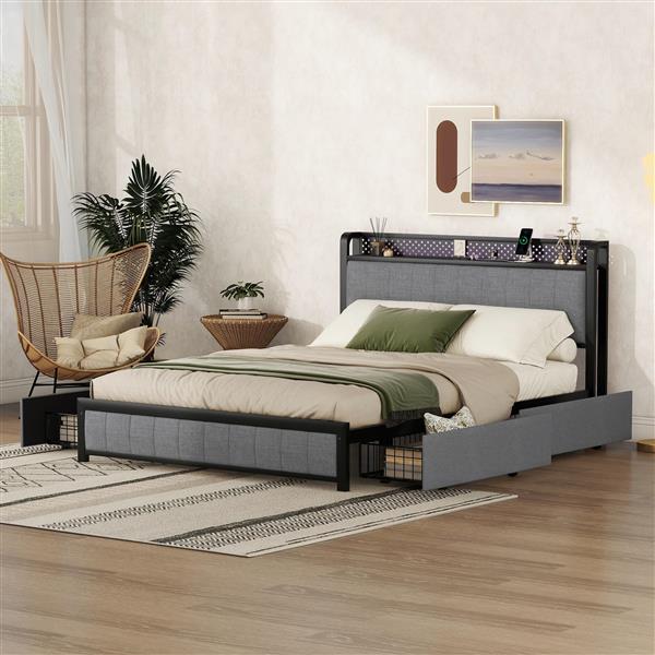 Queen Bed Frame with LED Headboard, Upholstered Bed with 4 Storage Drawers and USB Ports, Light Grey