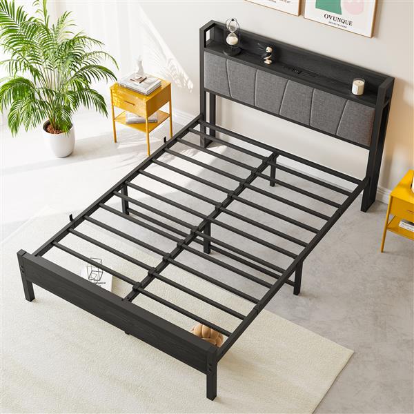 Full Size Bed Frame, Storage Headboard with Charging Station, Solid and Stable, Noise Free, No Box Spring Needed, Easy Assembly