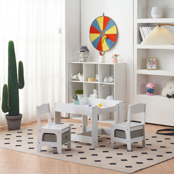 Children's Wooden Table And Chair Set With Two Storage Bags (One Table And Two Chairs) Grey And White