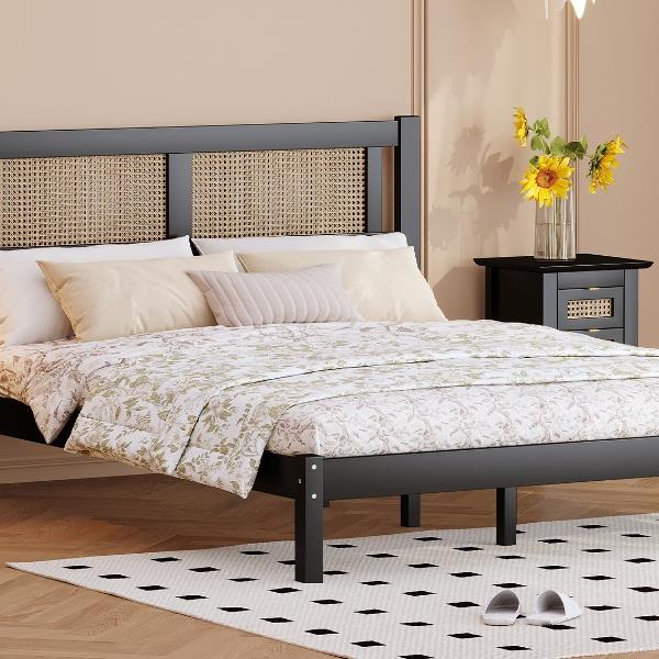 Queen Size Wooden Platform Bed with Natural Rattan Headboard, Exquisite Elegance with Minimalist Charm for Bedroom, Black