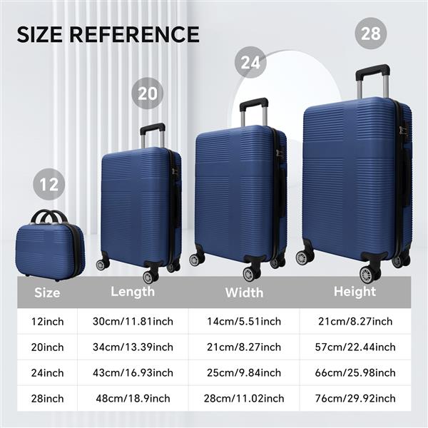 Luggage 4 Piece Set with Spinner Wheels, Hardshell Lightweight Suitcase with TSA Lock,Checked Luggage,Dark Blue(12/20/24/28in)