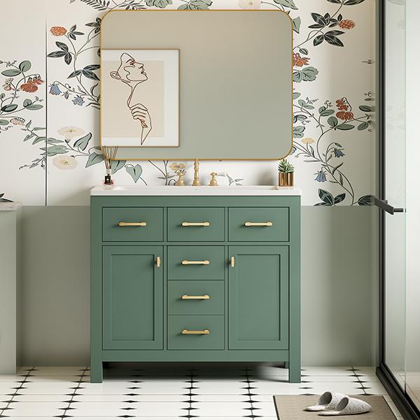 36'' Bathroon Vanity with Resin Sink Combo Set,Modern  Single Bathroom Cabinet with 4 Drawers & 2 Cabinets,Storage Cabinet for Bathroom, Solid Wood Frame Vanity Set, Green