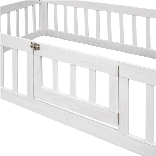 Twin Size Wood House Bed with Fence and Door, White Wash