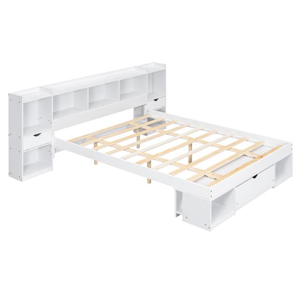 Queen Size Wood Platform Bed with Multi-storage Headboard and a Drawer, White(Expected Arrival Time: 6.16)