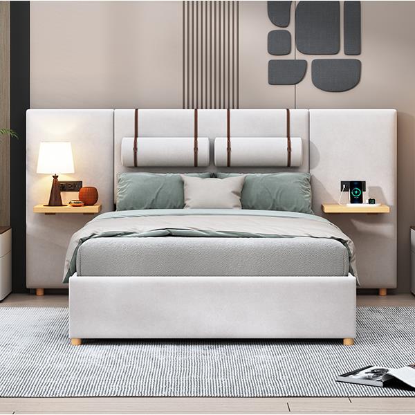 Full Size Upholstered Platform Bed, Two Outlets and USB Charging Ports on Both Sides, Two Bedside Pillows, Storage Shelves, Beige