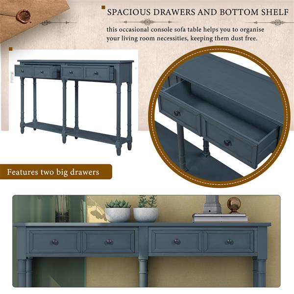 Console Table Sofa Table Easy Assembly with Two Storage Drawers and Bottom Shelf for Living Room, Entryway (Antique Navy)