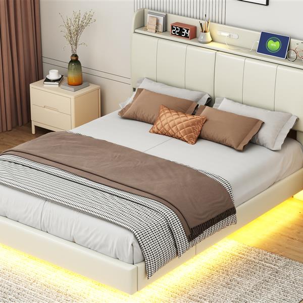 Queen Size Floating Bed Frame with Storage Headboard, Modern Upholstered Platform Bed with Touch Sensor Night Light and USB Charger, Beige