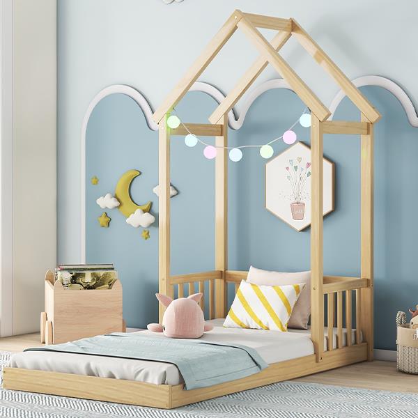 Twin House-shaped Roof Headboard Floor Bed,,(without slats),Natural