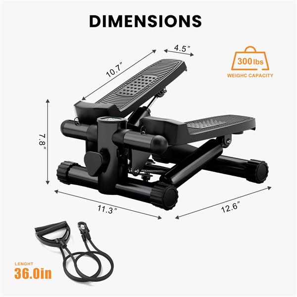 Mini Fitness Stepper, Hydraulic Fitness Stepper with Resistance Bands and Display, Silent Design, Weight Capacity 300LBS, Portable Stepper for Total Body Workout,11.3"L x 12.6"W x 7.8"H,Black