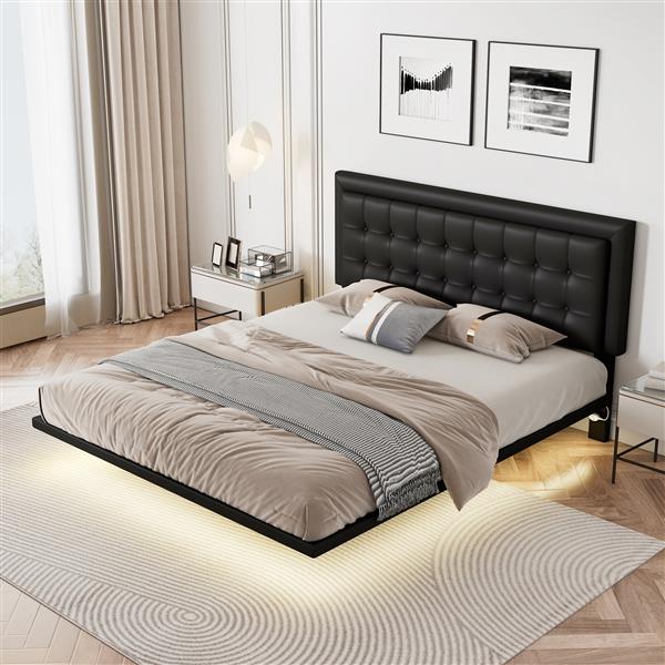 Queen Size Floating Bed Frame with Motion Activated Night Lights,Modern PU Upholstered Button Tufted Platform Bed Frame,Black