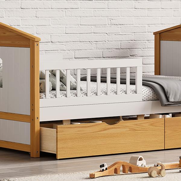 Twin Size House Shape Bed with  Two Drawers Wooden Bed for Girls Boys Teens, No Box Spring Needed, Walnut and White