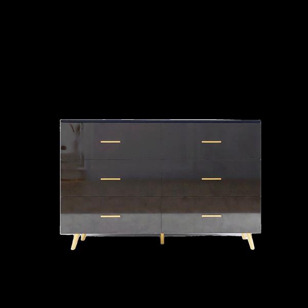 High Glossy Surface 6 Drawers Chest of Drawer with Golden Handle and Golden Steel Legs Black Color Vanity