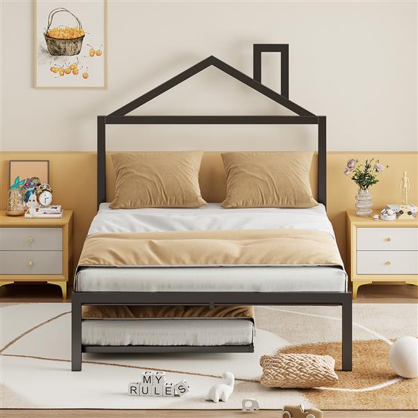 Full Size Metal Platform Bed with twin size trundle,House-Shaped Headboard Design, Black