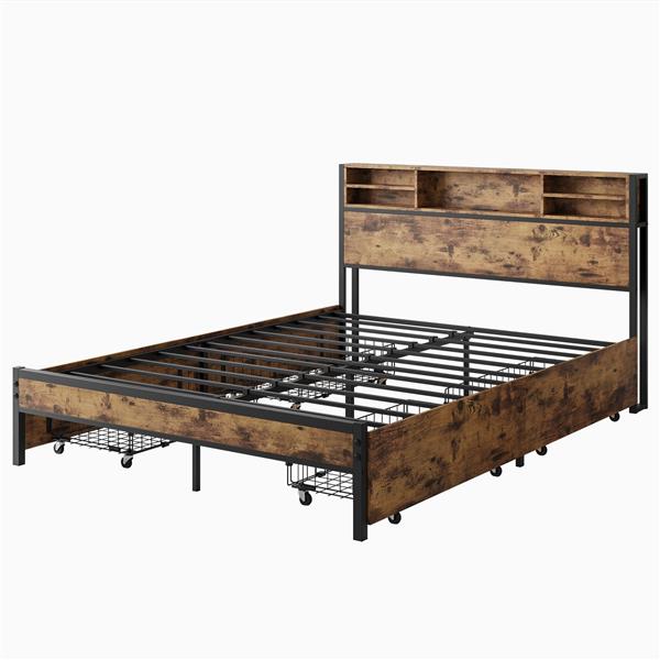 Queen Bed Frame with  Storage Headboard and 4 Drawers