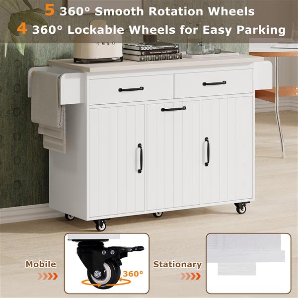 Kitchen Island with Trash Can Storage Cabinet, Kitchen Cart with Drop Leaf, Spice Rack, Towel Rack and Drawer, Rolling Kitchen Island on Wheels with Adjustable Shelf, White