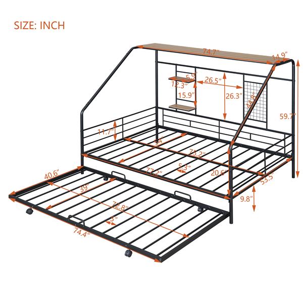 Full Size Metal House Bed with Trundle, Black