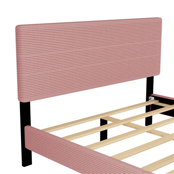 Queen Size Corduroy Upholstered Bed Frame, Platform Bed with Horizontal Stripe Headboard, No Box Spring Needed, Pink