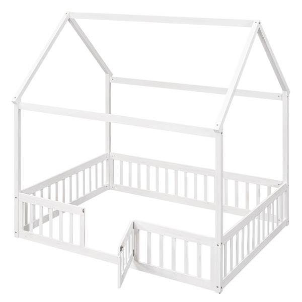 Full Size Wood House Bed with Fence and Door, White Wash