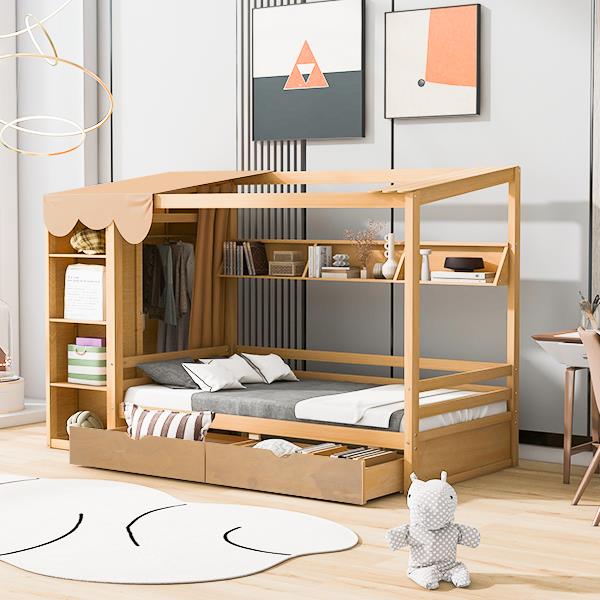 Twin size House Bed with Two Drawers and Wardrobe,Natural