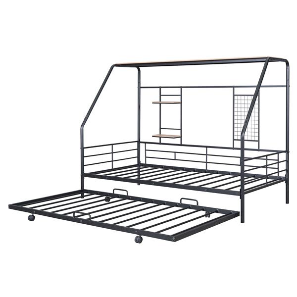 Twin Size Metal House Bed with Trundle, Black