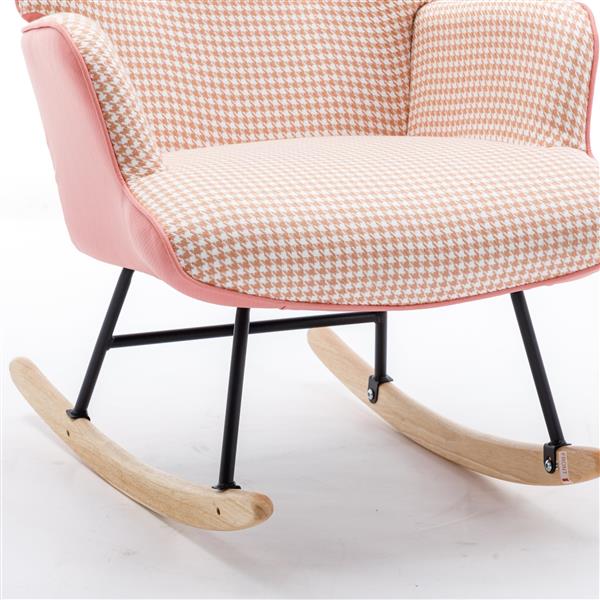 35.5 inch Rocking Chair, Soft Houndstooth Fabric Leather Fabric Rocking Chair for Nursery, Comfy Wingback Glider Rocker with Safe Solid Wood Base for Living Room Bedroom Balcony (pink)