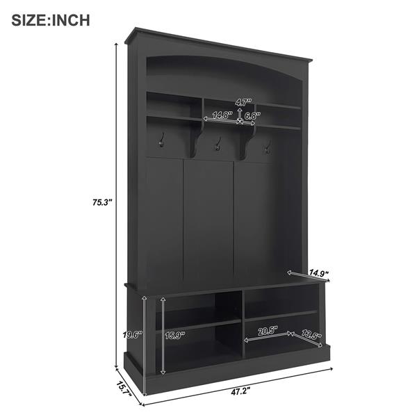 47.2'' Wide Hall Tree with Bench and Shoe Storage, Multi-functional Storage Bench with 3 Hanging Hooks & Open Storage Space, Rectangle Storage & Shelves Coat Rack for Hallway, Black