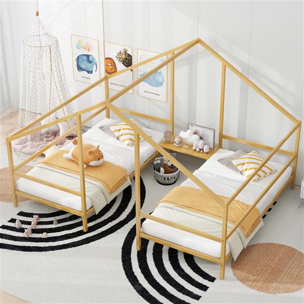 Metal Double Twin Size Triangular House Beds with Built-in Table, Gold