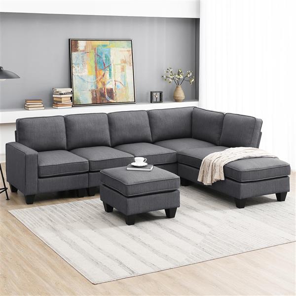 [VIDEO provided] [New] 104.3*78.7" Modern L-shaped Sectional Sofa,7-seat Linen Fabric Couch Set with Chaise Lounge and Convertible Ottoman for Living Room,Apartment,Office,3 Colors