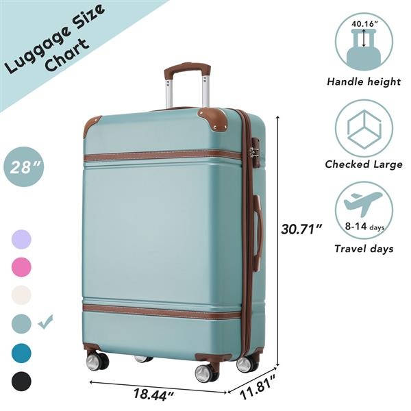 28 IN Luggage 1 Piece with TSA lock , Expandable Lightweight Suitcase Spinner Wheels, Vintage Luggage,Blue Green